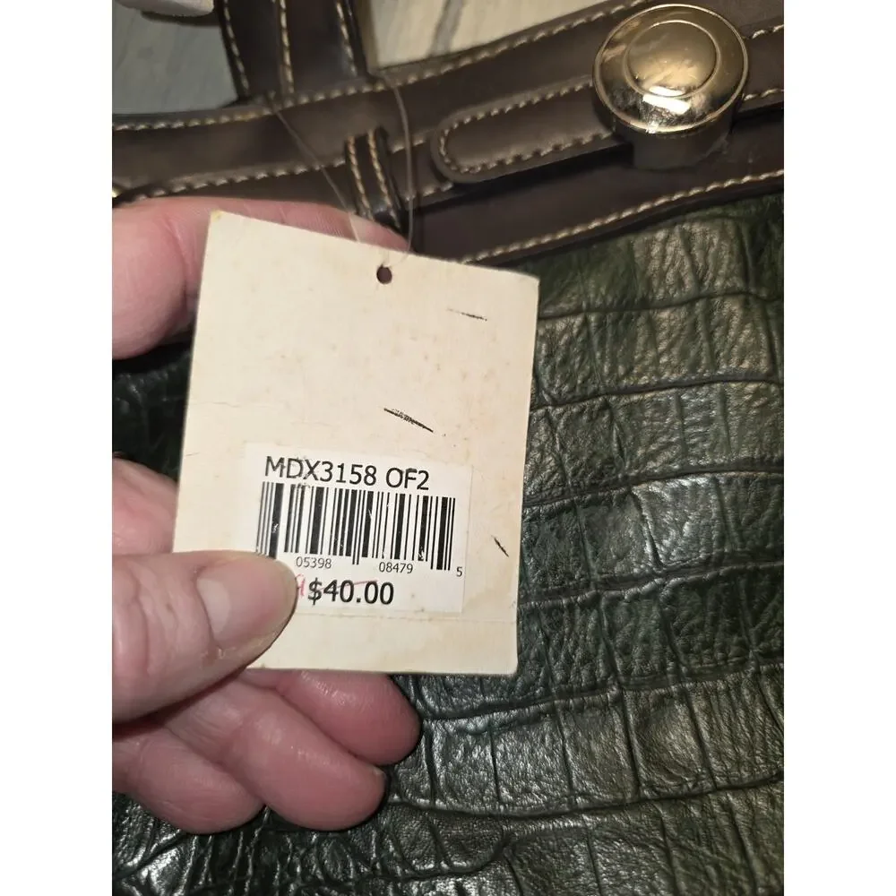 Madison & Max Green & Brown Crock Embossed Leather Hand Bag Y2K Style NWT Boho